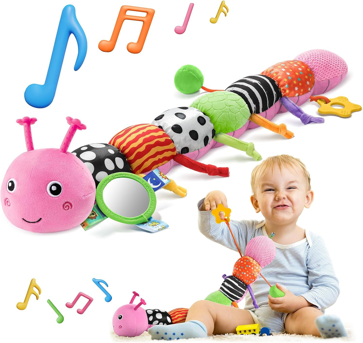 HEMRLY Baby Girl Toys for 0-6 Months, Musical Plush Caterpillar Infant Sensory Toy with Baby Mirror&Crinkle Rattle,Pull String,Teething, Tummy Time Newborn Gifts for 0-3-6-12 Boys Girls - Pink Branch