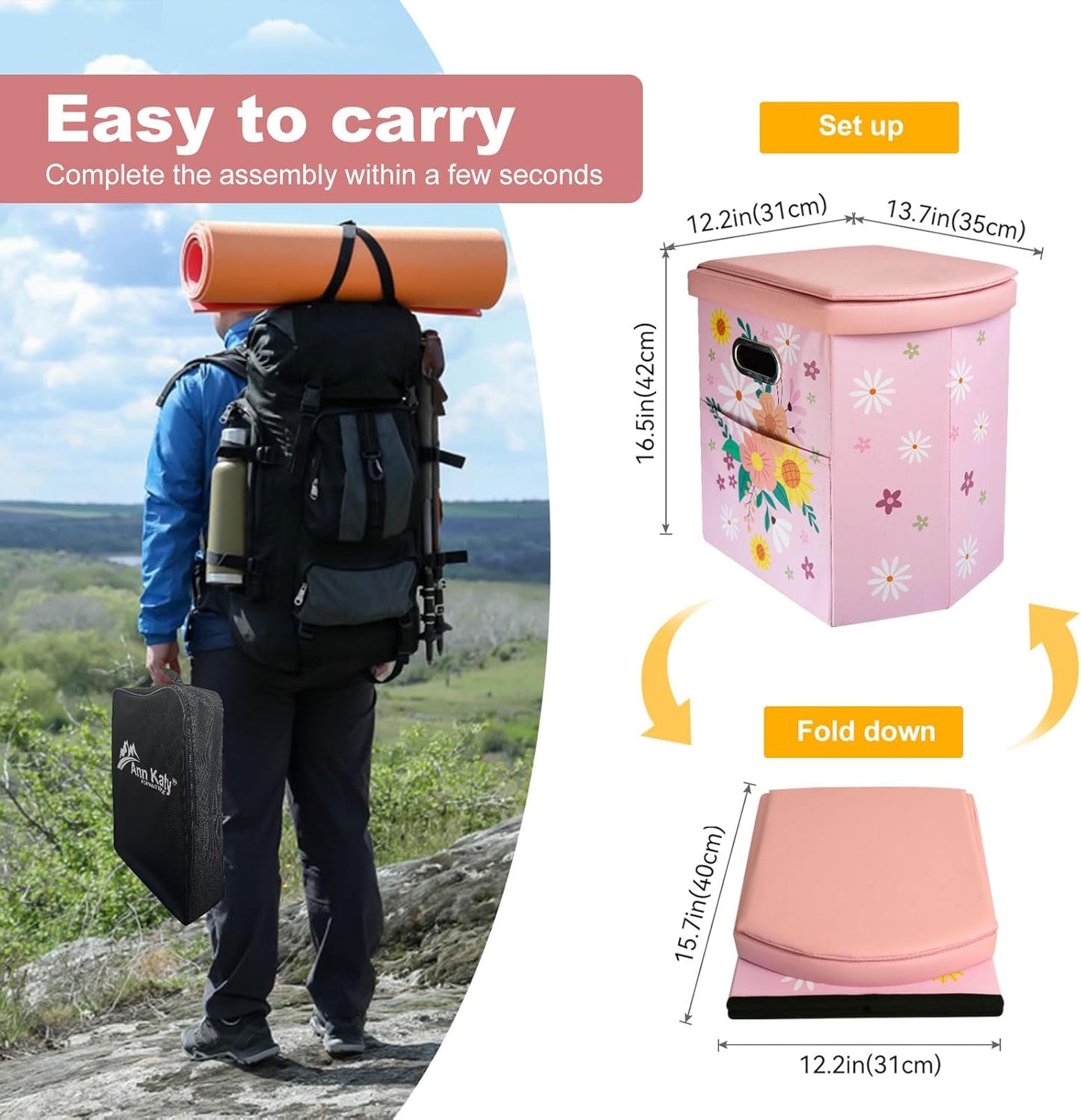 Upgrade XL Portable Toilet for Adults, Extra Large Portable Travel Floding Toilet, Camping Tall Toilets with Lid for Adults and Kids Compact Potty for Car,Hiking,Beach and Camping