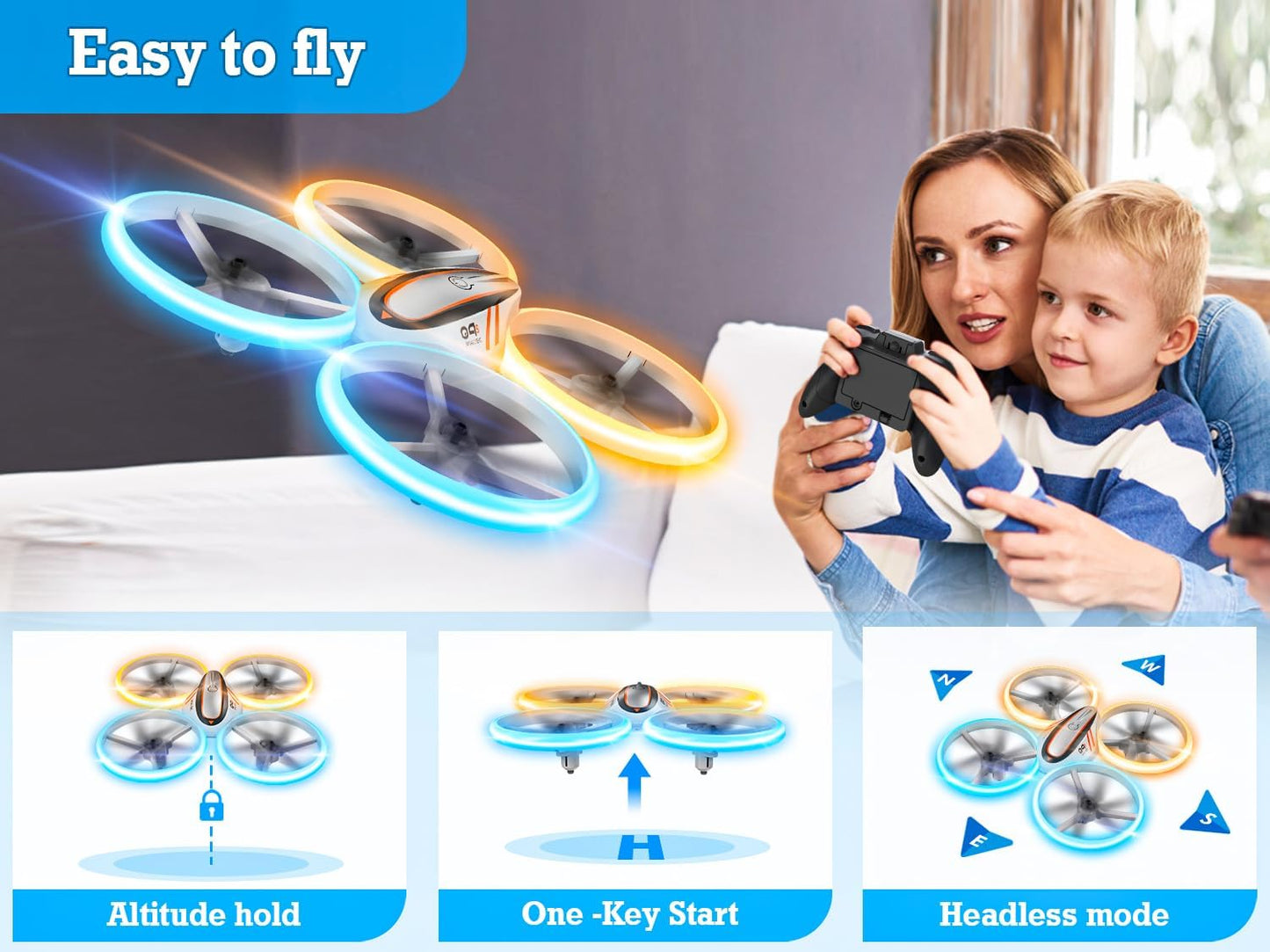 Q9s Drones for Kids,Cool RC Drone with Altitude Hold and Headless Mode,Hobby Quadcopter with Blue&Orange Light,2 Batteries and Remote Control,Birthday and Xmas Gifts Toys for Boys and Girls,Orange