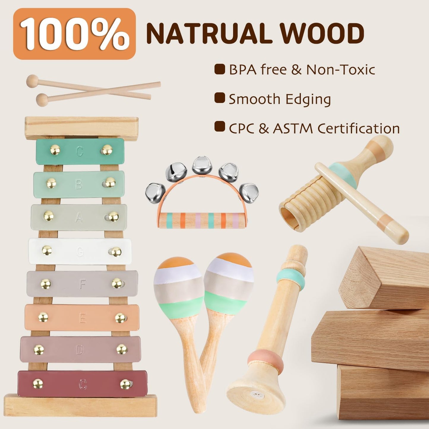 LeeQee Montessori Toys for 1 2 3 Year Old - Wooden Toys Baby Musical Instruments, Neutral Colors Percussion Instruments Set with Modern Boho Xylophone for Toddlers 3+ Music Education