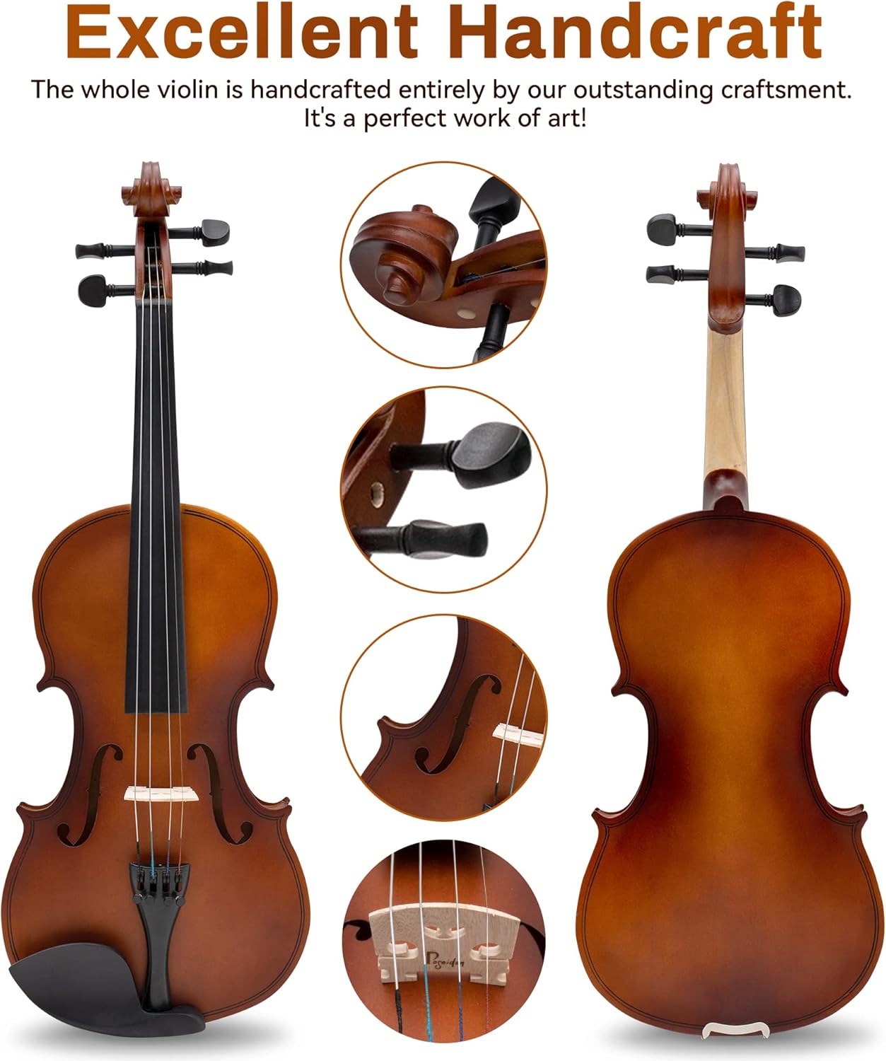 Poseidon 1/2 Violin Set Half Size Fiddle for Beginners with Hard Case, Bow, Rosin, Extra Violin Strings 1/2 Full Set, Digital Tuner, Shoulder Rest & Cleaning Cloth for Students, Children