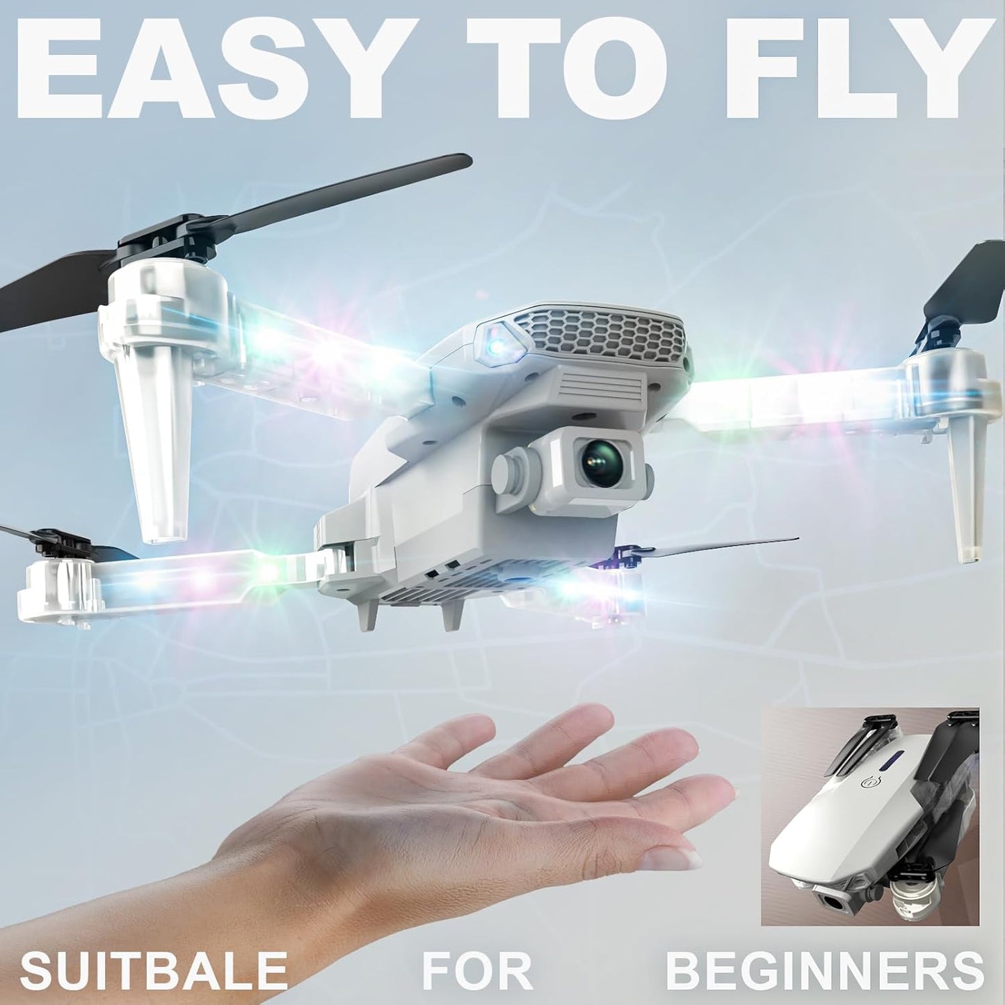 Drone with Camera 1080P HD - Foldable FPV Mini Drones with LED Lights for Adults Kids and Beginners, Toys Gifts RC Quadcopter with One Key Take Off, 3D Flips for Boys Girls with 2 Batteries, White