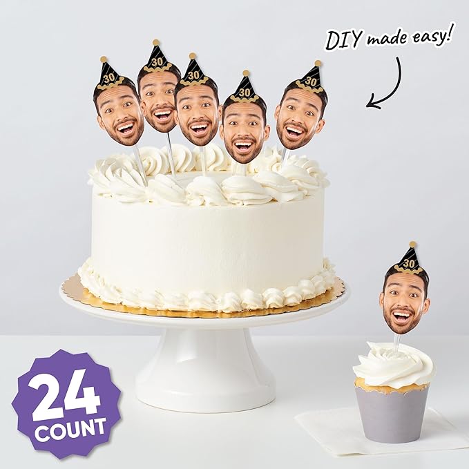 Big Dot of Happiness Custom Photo Adult Happy Birthday - Black & Gold Personalized Birthday Party DIY Paper Shaped Fun Face Cut-Outs - 24 Count
