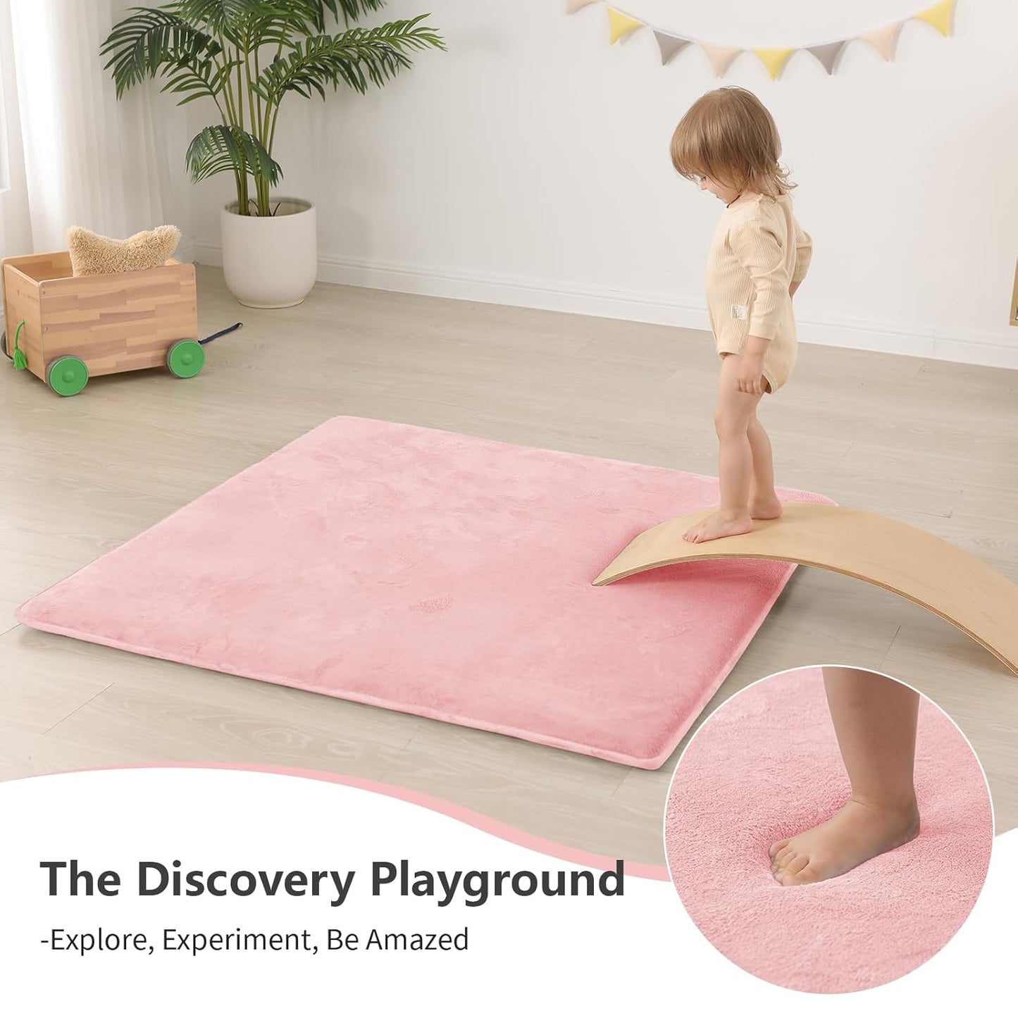 Baby Play Mat for Floor,1.3" Thick Elasti-Foam 50"×50" Playpen Mat for Tummy Time,Water Repellent Soft Coral Velvet for Toddler,Infant,Kids,Non-Slip Backing Safe for Crawling(Pink)