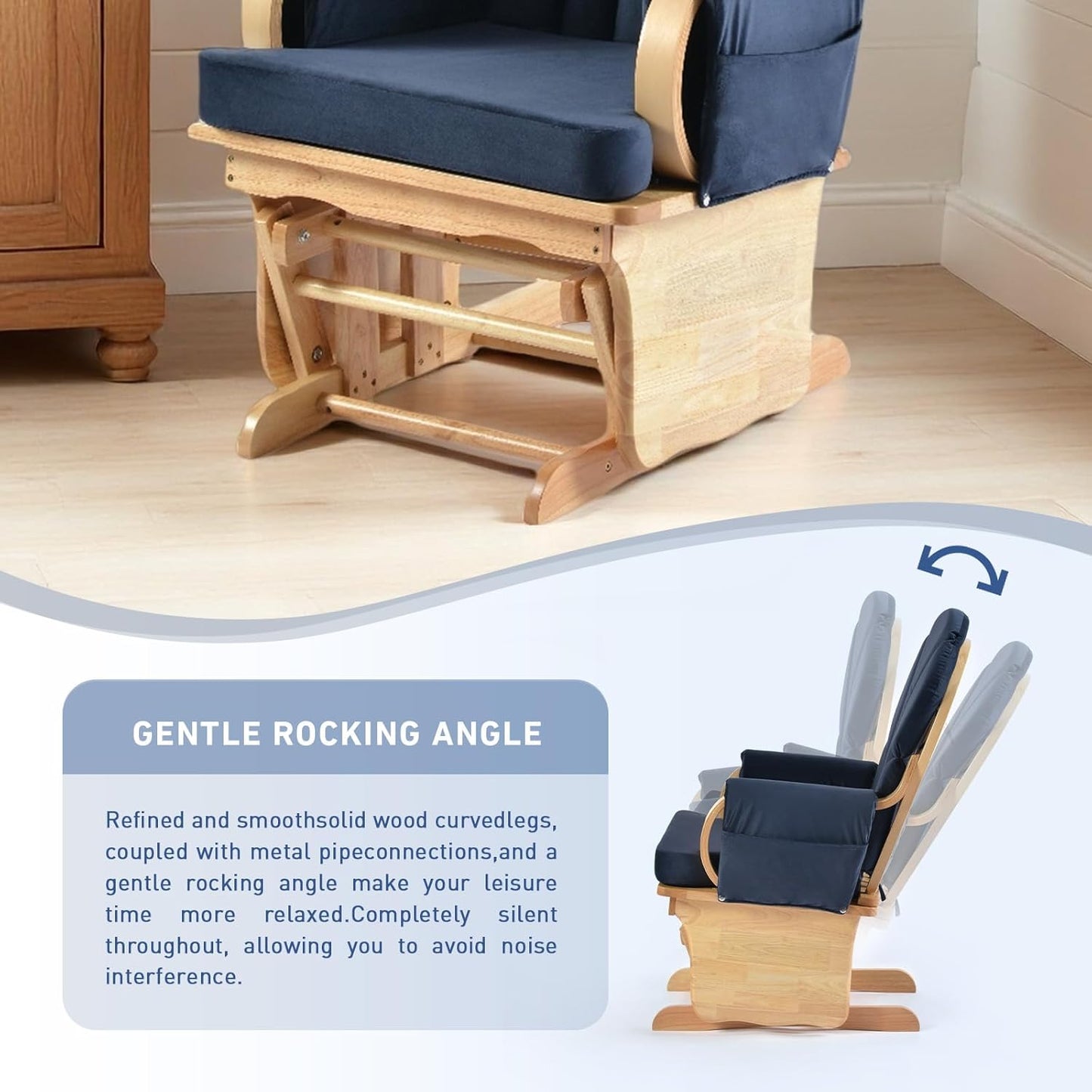 Wood Base Glider Rocker Chair, Baby Feeding and Rocking Chair Nursery Rocking Chairs with Silent Swing Solid Hardwood Base for Nursery, Living Room, Bedroom, Classroom(Navy Blue)
