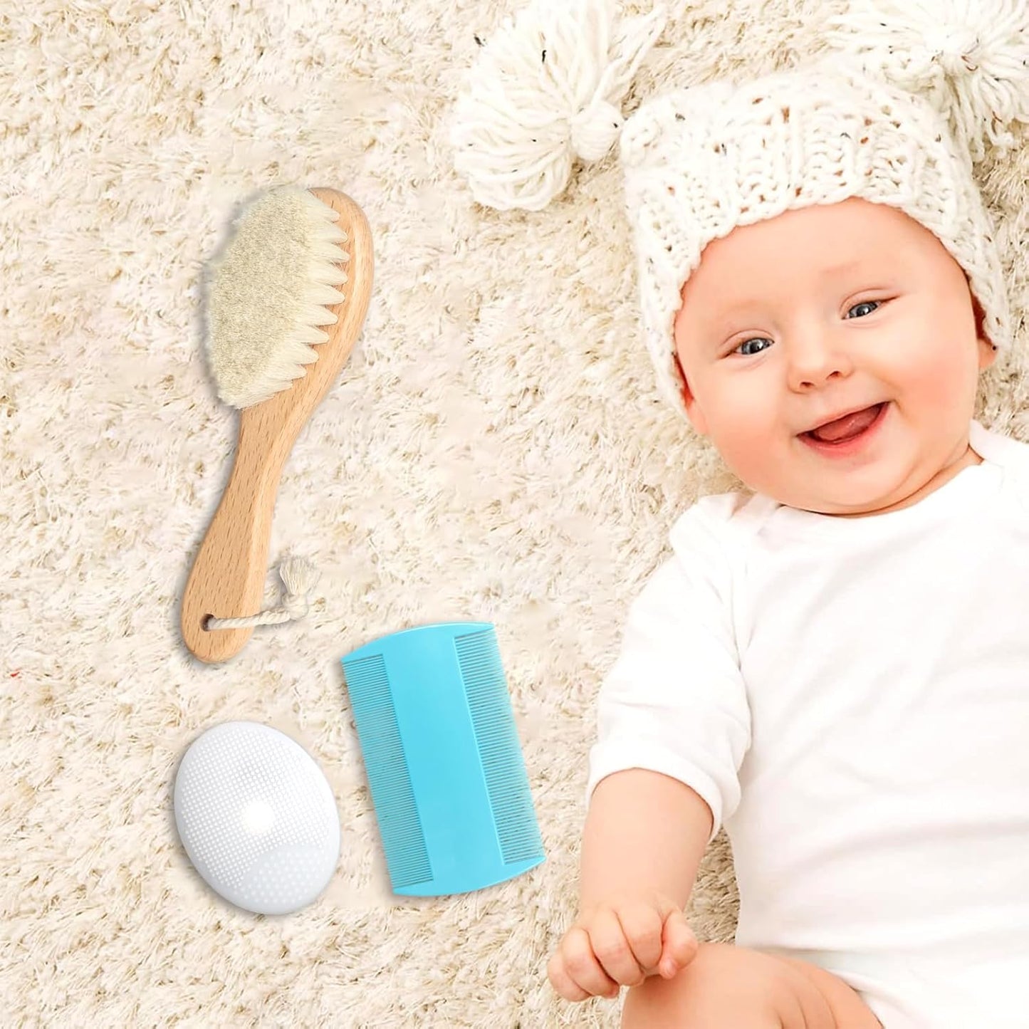 Baby Hair Brush and Comb Set, Wooden Natural Goat Bristles Hairbrush+Comb+ White Cradle Cap Brush Grooming Kit for Newborns Toddlers Boys Girls (Pack of 3)