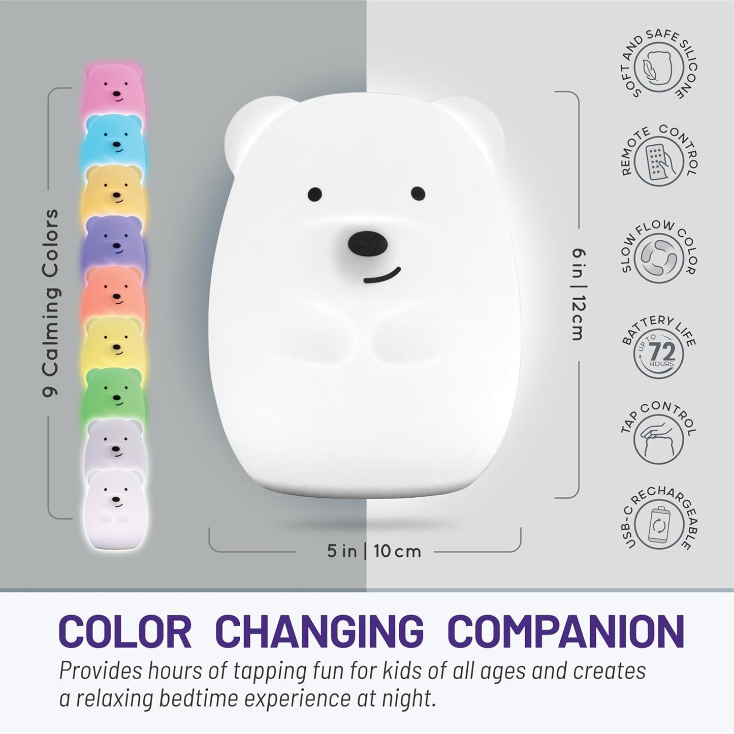 Lumipets Remote Control Silicone Night Light for Kids - Bear Design with 9 Soft Colors & Sleep Timer - Rechargeable, Battery-Operated Lamp for Bedroom | Baby Nursery, Toddler, Girls, Boys