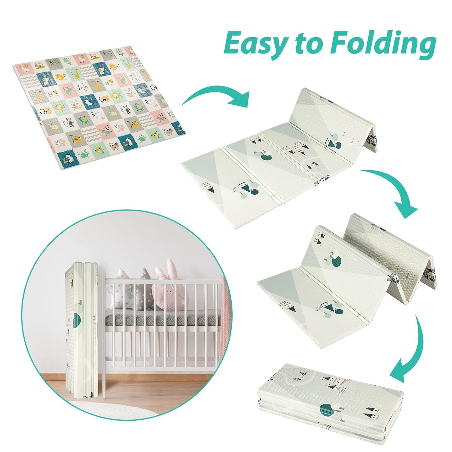 FLAGAV Baby Play Mat, 79x71inch Extra Large Folding Baby Crawling Mat, Waterproof Reversible Playmat Foam Non Toxic Anti-Slip Portable Kids Play Mat for Infant, Toddler