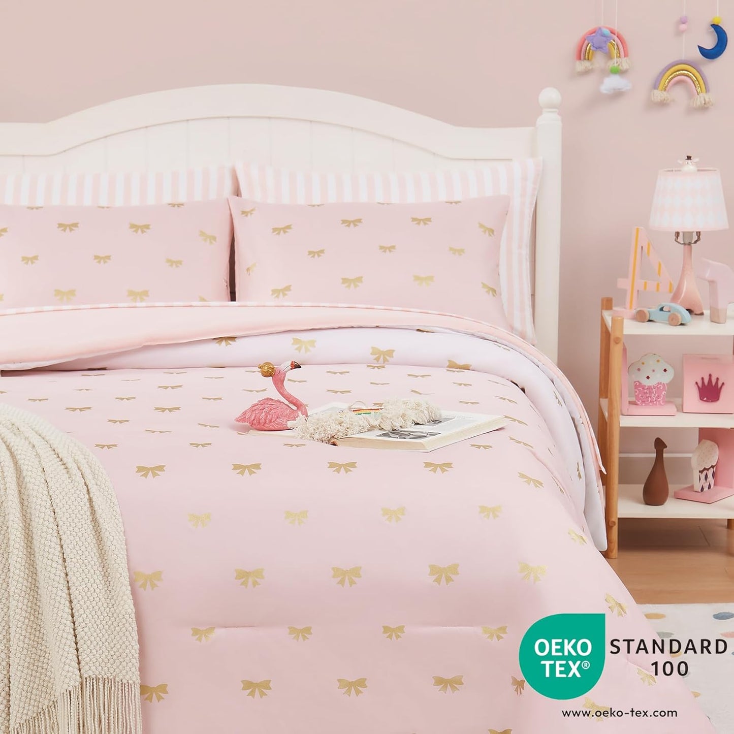 Queen Comforter Set with Sheets for Girls-7 Pieces Queen Bedding Sets with Pink Comforter, Sheets, Pillowcases & Shams for Kids (Pink Gold Bow, 90" X 90")