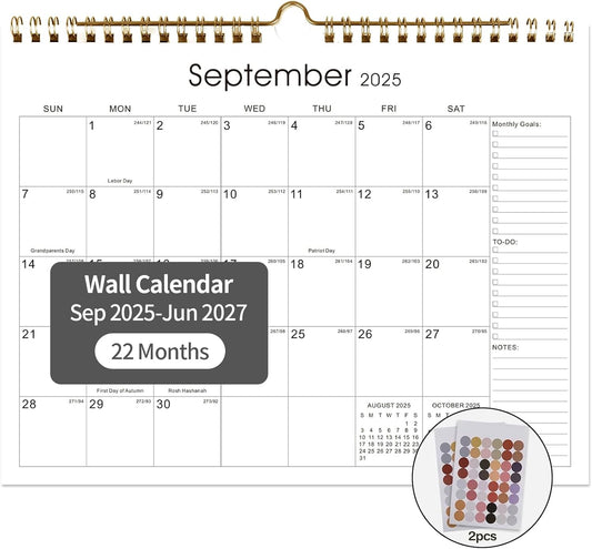 Calendar 2025-2027 22 Monthly Wall Calendar Runs from September 2025 until June 2027 Spiral Binding Hanging 11.5" x 14.7" Thick Paper with Julian Dates and Block for School Office（Simplicity）