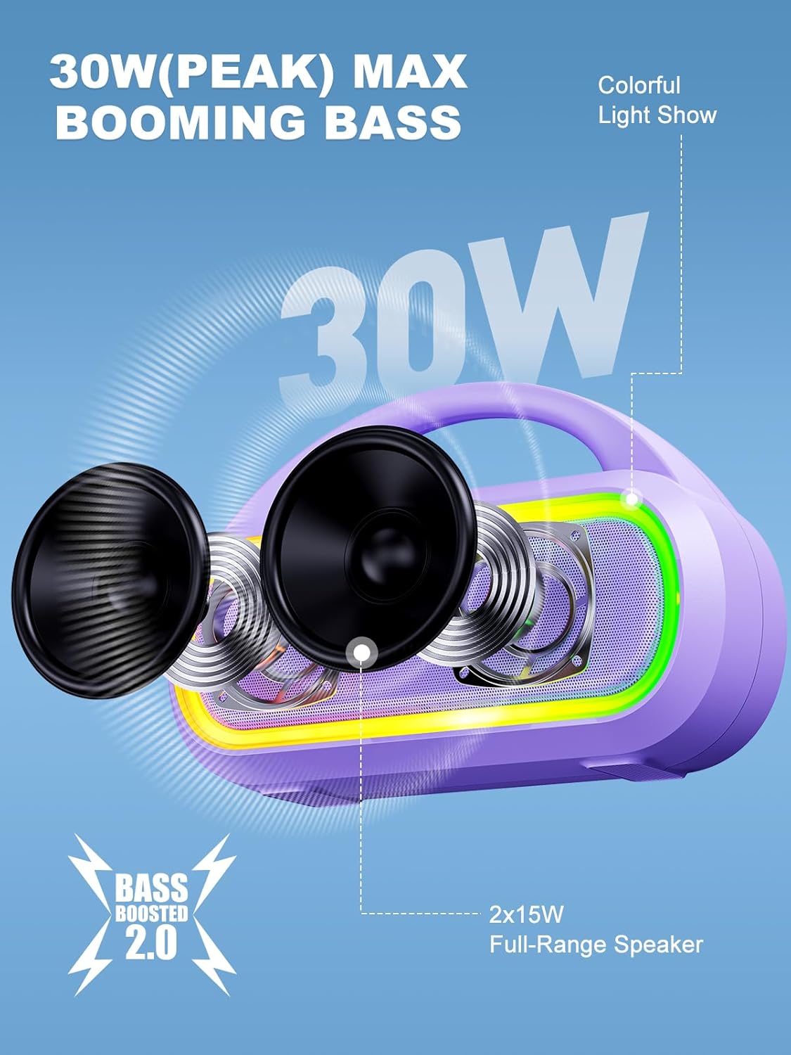 TPone Portable Bluetooth Speaker, 30W (Peak) Wireless Speaker for Outdoor, Up to 12H Playtime, IPX5 Waterproof with Light, TWS Pairing, for Home/Party/Outdoor/Beach, Birthday Gift (Chilled Lilac)