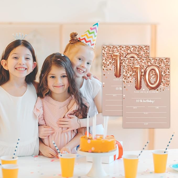 10th Birthday Invitation Cards, Rose Gold Glitter 10th Birthday Party Invites, Kids Happy Birthday Party Decorations Supplies, 20 Fill-in Cards with Envelopes for Boys or Girls Party Celebration-C02