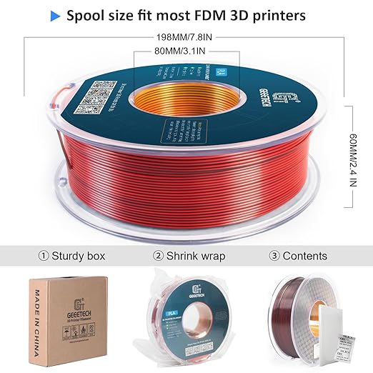 Geeetech Silk PLA Tri Color Filament 1.75mm 3D Printer Filament, Coextrusion Red Gold Black Tri-Colors Metal-Like Shiny Silk PLA Filament, 1kg (2.2lbs) 1 Spool, Dimensional Accuracy +/- 0.02 mm