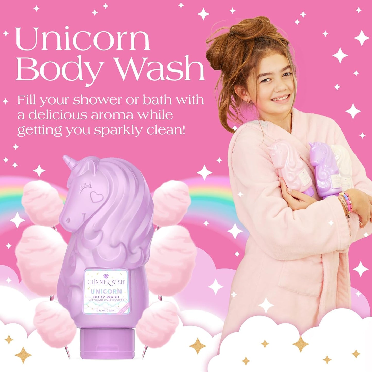 Glimmer Wish Unicorn Kids Body Wash, Gentle Cleanser and Moisturizing Sulfate Free Body Wash, Skin Care for Kids, Vanilla Cotton Candy, 12 Fl Oz