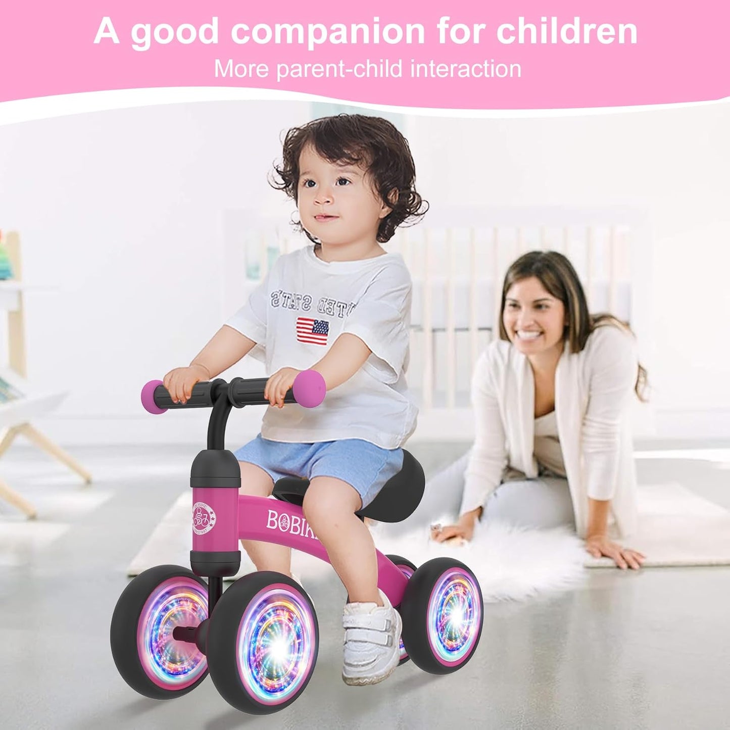 Baby Balance Bike Toys for 12-36 Months Kids Toy Boy and Girls Gifts Toddler Best First Birthday Gift Children Walker No Pedal Infant 4 Wheels Bicycle (Colorful, Rose Red-Light)