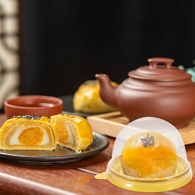 NUOBESTY Individual Cupcake Boxes, 100pcs Golden Tray Round Plastic Transparent Dome Cupcake Boxes Egg-Yolk Puff Food Container Single Mooncake Dome Boxes Baking Packing Box |2.75x2.75x1.96 inch