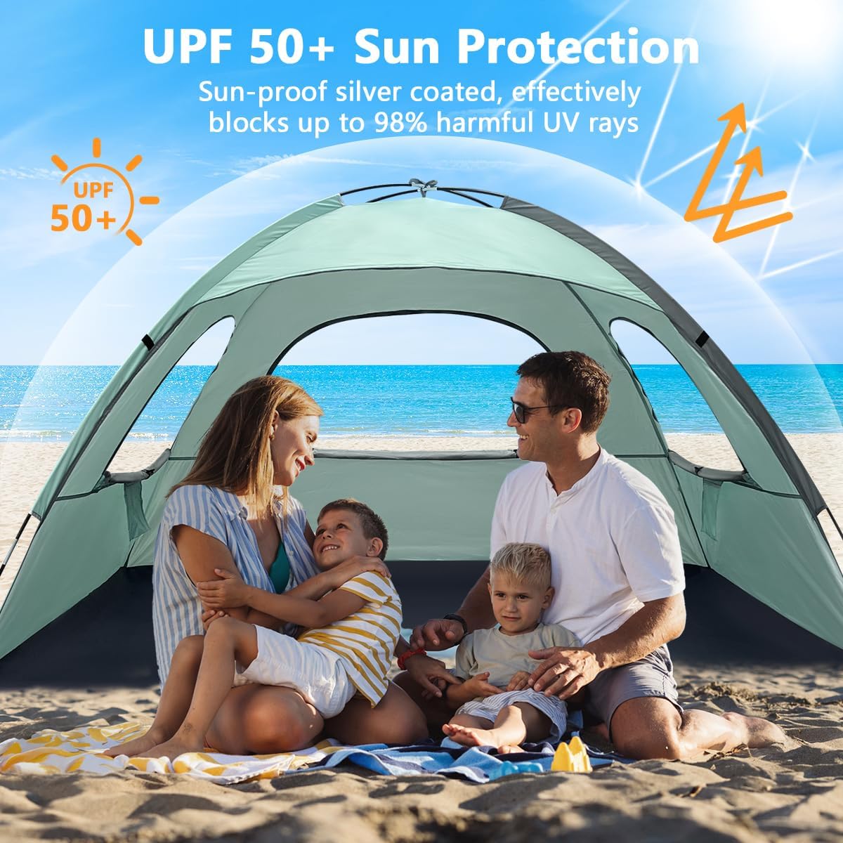 NXONE Beach Tent Sun Shade Shelter for 3/4/6 Person Person with UV Protection, Extended Floor, 3 Mesh Roll Up Windows & 8.0/8.5mm Fiberglass Rods丨Carry Bag Included