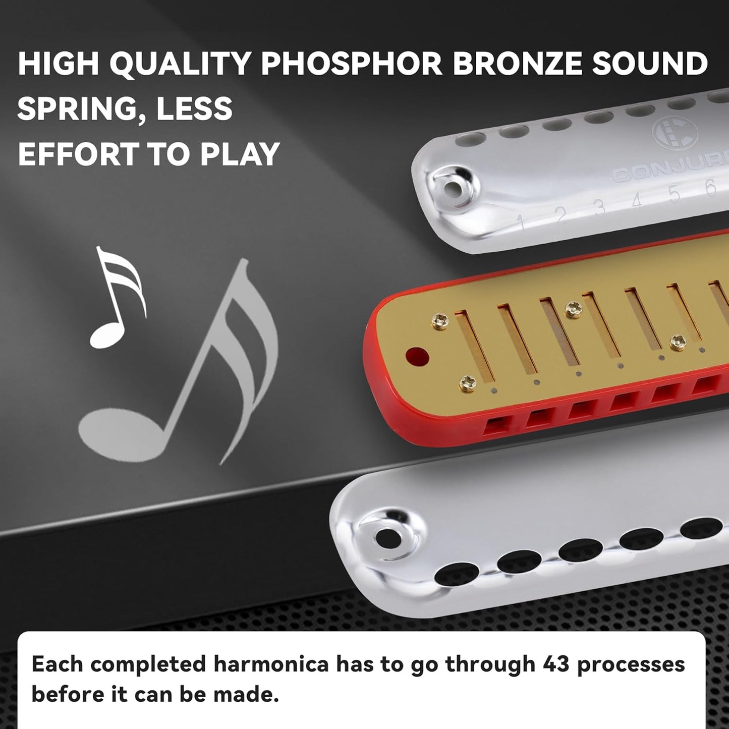 CONJURER Blues Harmonica for Kids Adult Beginners 10 Hole Diatonic Harmonica Key of C, Brass Reed Metal Mouth Organ C Key Blues Harp with Case, Red