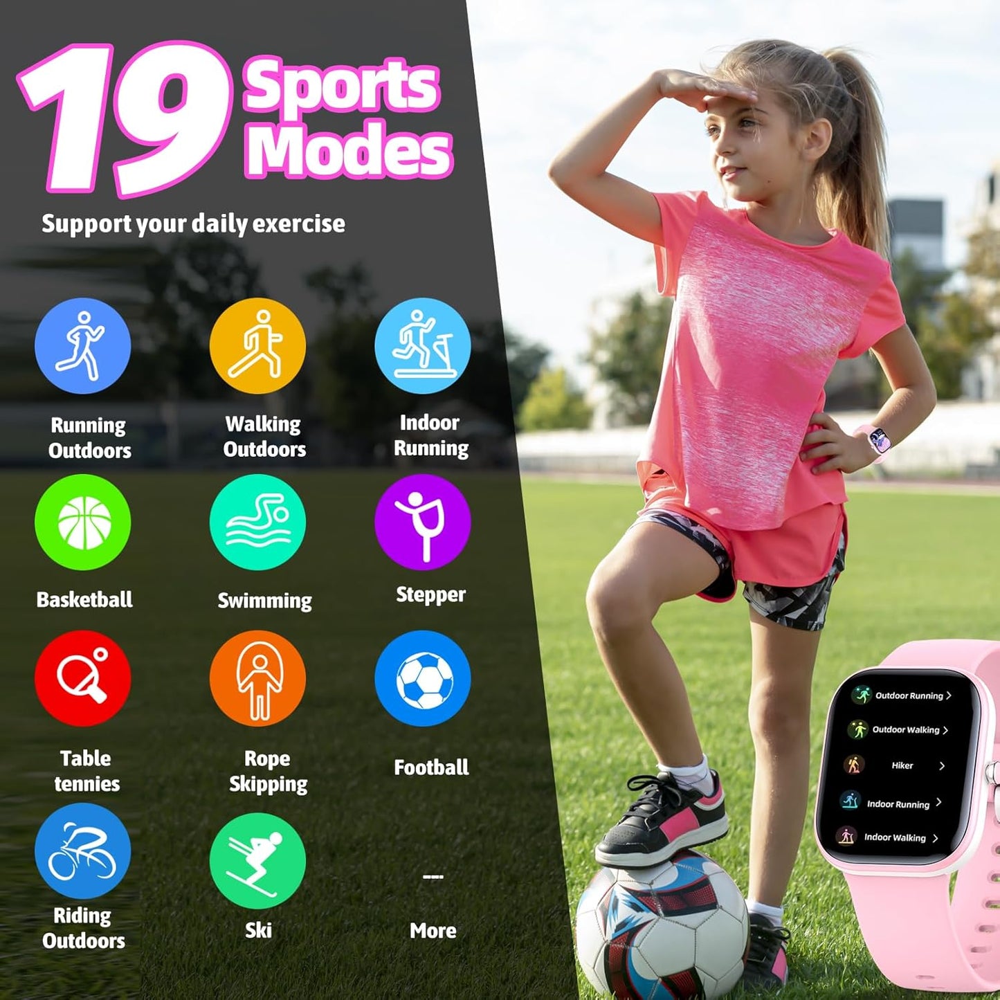 Kids Watch with Fitness Tracker No Phone/APP Needed,19 Sport Mode,1.5" DIY Dial,IP68 Waterproof,Sleep Monitor,Pedometers,Heart Rate,Great Birthday Gift for Boys Girls Teens 6-14 (Pink)