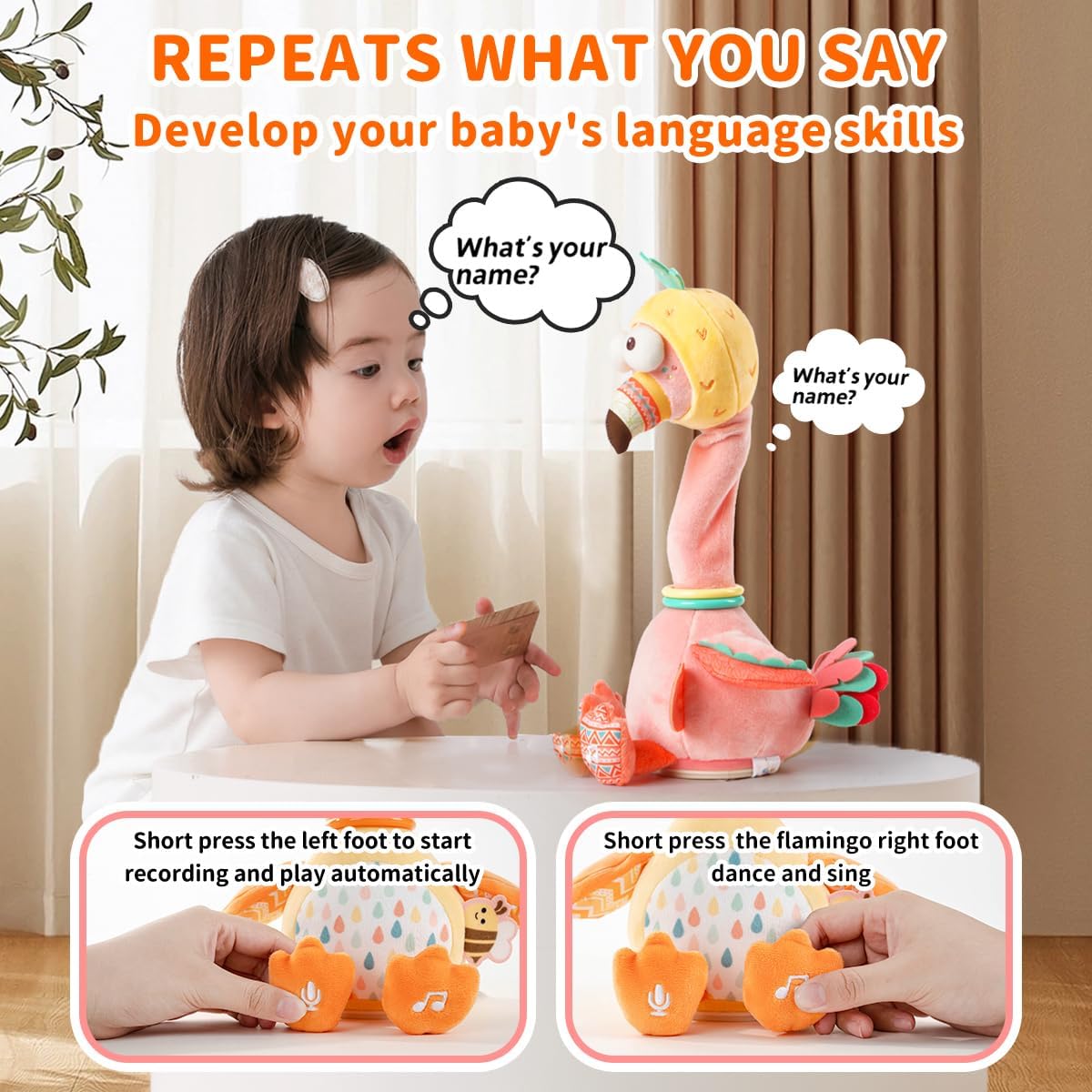 Jollybaby Plush Talking Singing Dancing Musical Flamingo Toy for Toddlers 1-3 Just Like Cactus Toy, Music Mimicking Interactive Toy for Crawling Kids, Sensory Stuffed Toy Gift for Baby 0-6-12 Month