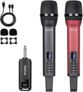 Dual Rechargeable Wireless Microphones, Pro Handheld Cordless Mics System with Echo Treble BASS VOL Control for Karaoke Singing Church Party, 1/4'' Output, Grey&Red