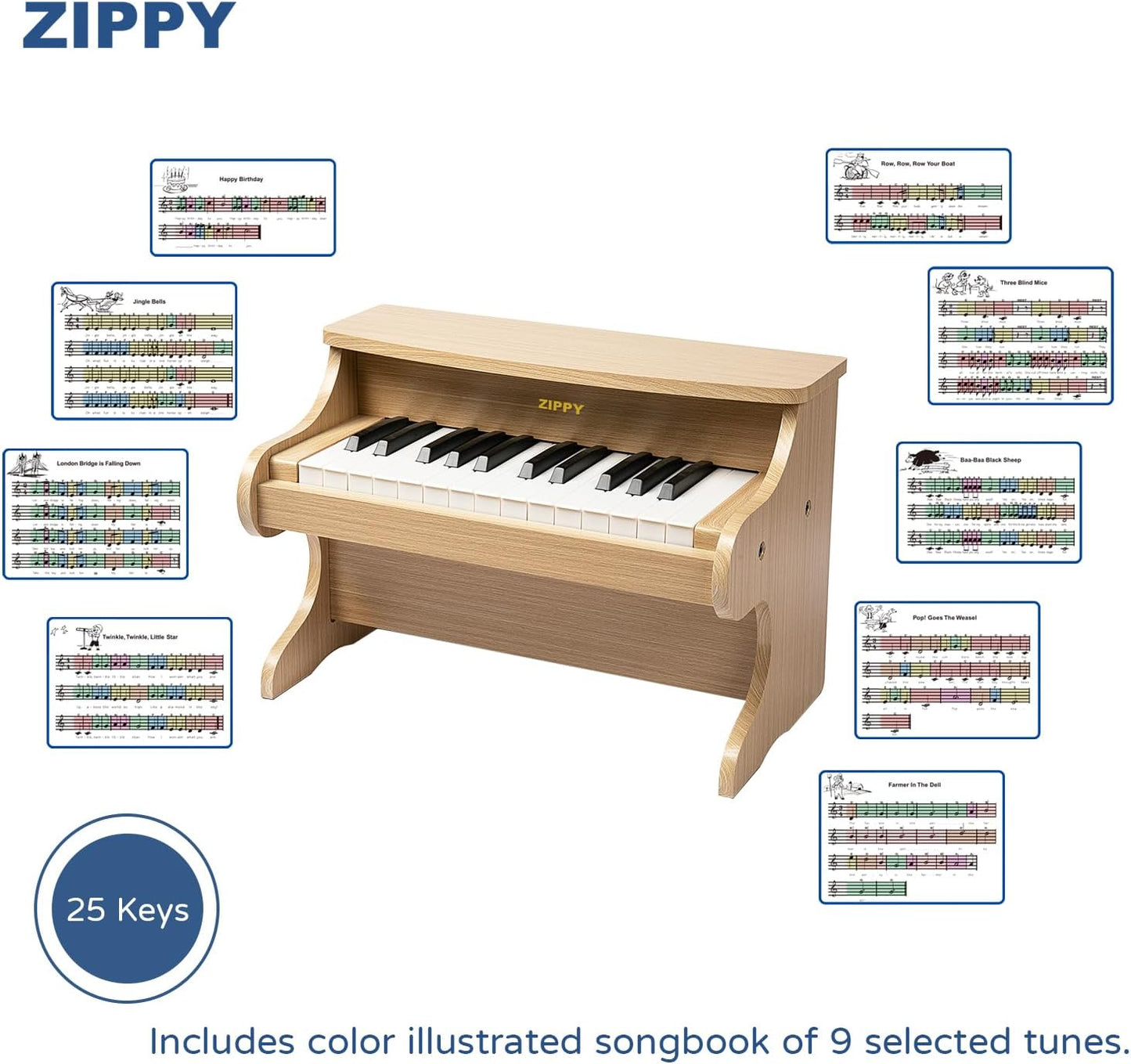 ZIPPY Kids Piano Keyboard, 25 Keys Digital Piano for Kids, Mini Music Educational Instrument Toy, Wood Toy for Toddlers Girls Boys (Oak)
