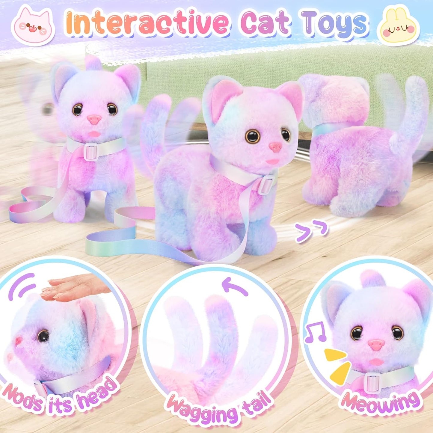 Plush Interactive Cat Toys for Kids with Tote Bags, Stuffed Robot Pet Kitten with Leash Walking Meow Pretend Play, Realistic Cute Stuff Fidget Toys for Toddler Stocking Stuffers Birthday Gifts