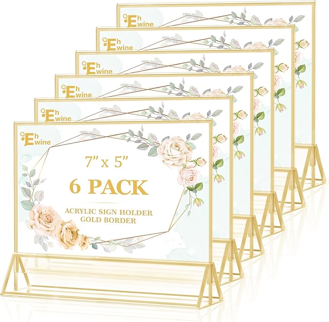 EHWINE 6 Pack Acrylic Sign Holder 5 x 7 Horizontal, Double-Sided Stand up Table Top Sign Holders, Gold Acrylic Picture Frame Menu Flyer Paper Holder Display Stand for Office Business Store Wedding Party
