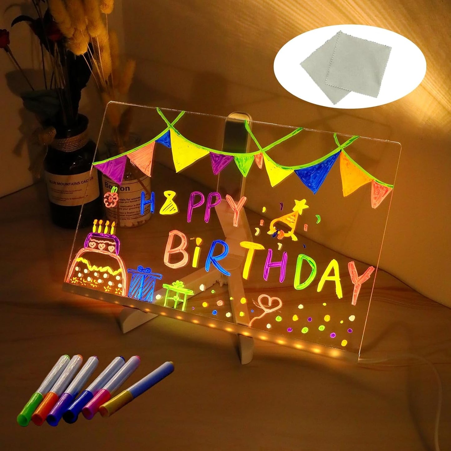 LED Drawing Board, Light Up Erasable Acrylic Message Board with Night Light, Neon Writing Tablet with Adjustable Stand & 12 Color Pens for Kids, Office, and Home Decor (5.9 * 5.9in)