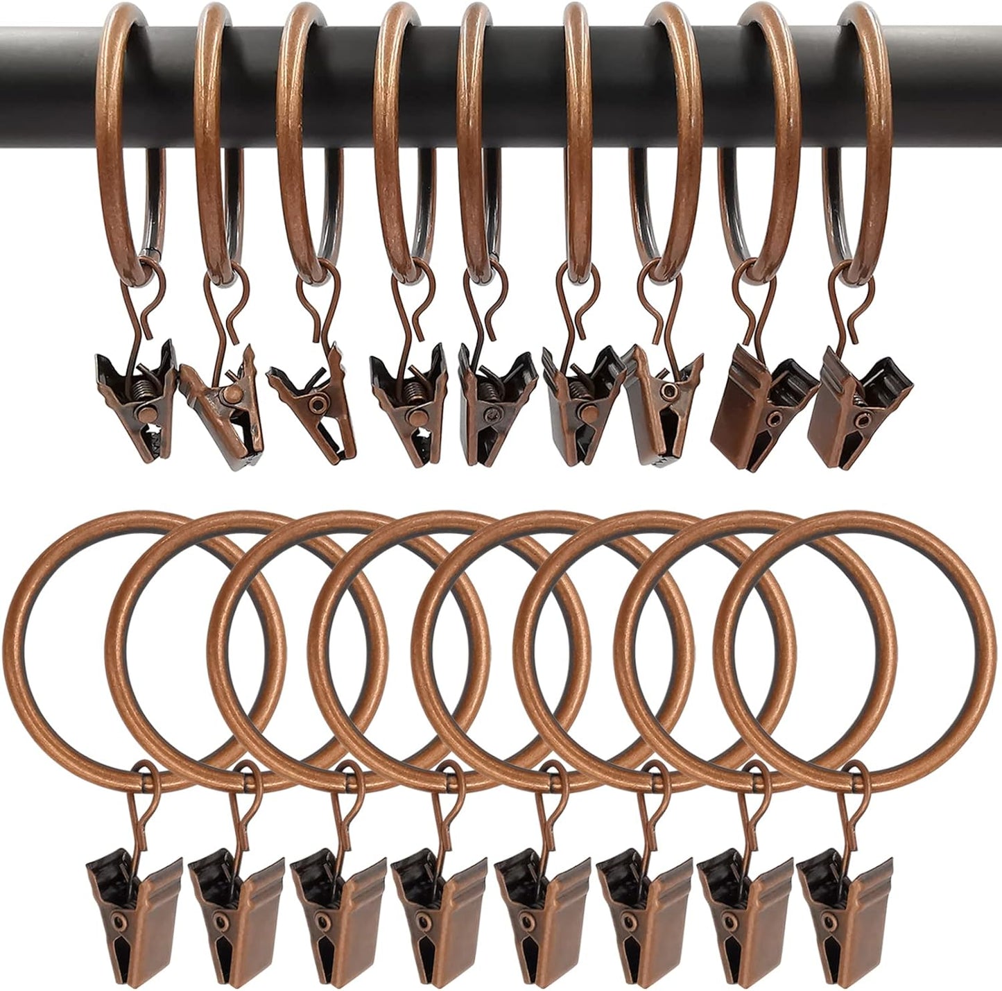 100 Pack Antique Copper Curtain Rings with Clips, Curtain Hooks Hangers Clip Rings for Hanging Drapes Bows Hat, Drapery Rings 1.5 in I D, Fits up to 1.2 in Diameter Curtain Rod.