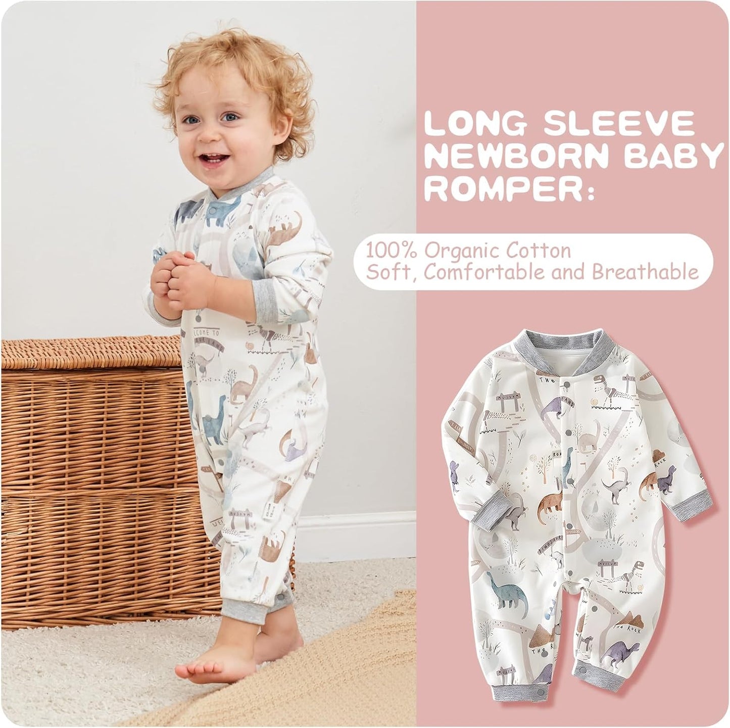 100% Organic Cotton Soft 3-24 Months Baby Romper Jumpsuits for Boys and Girls Unisex Long Sleeve
