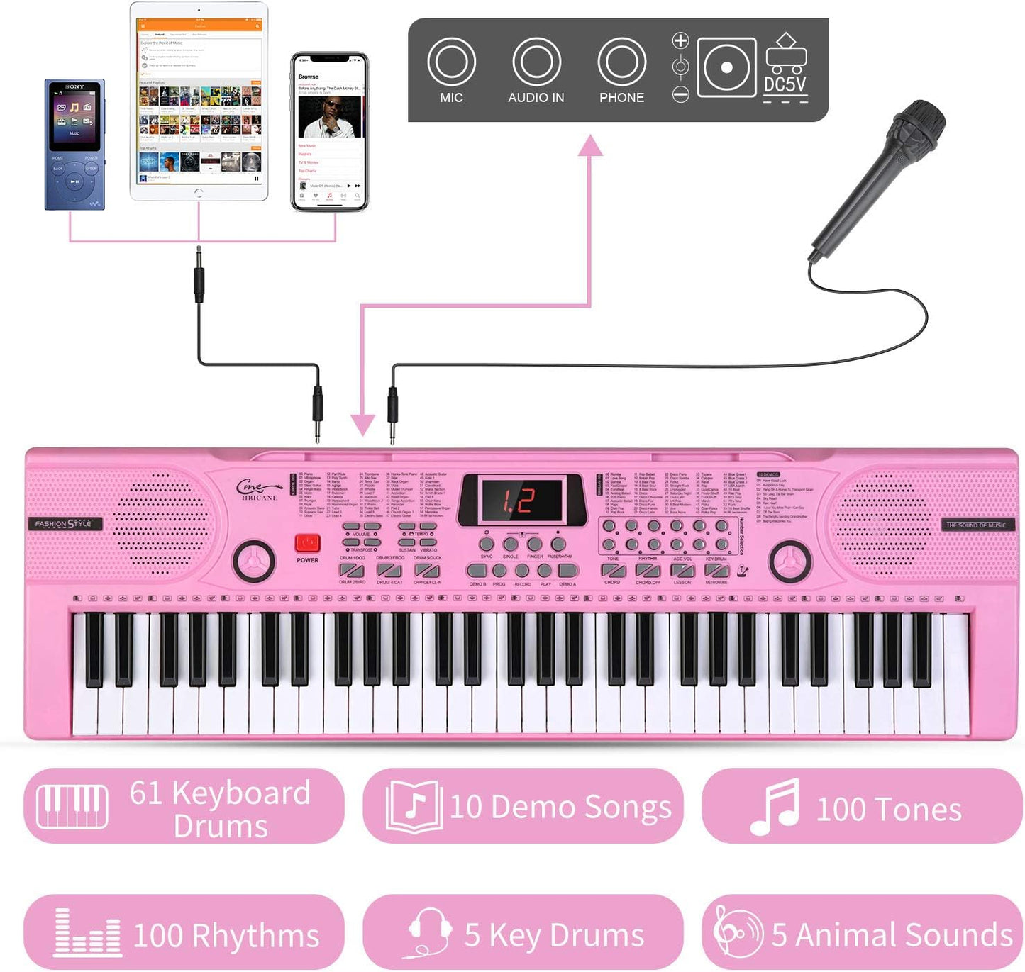 Hricane Piano Keyboard, 61 Keys Beginner Electronic Keyboard Portable Digital Music Keyboard, Early Education Music Instrument with Microphone & Music Sheet Stand