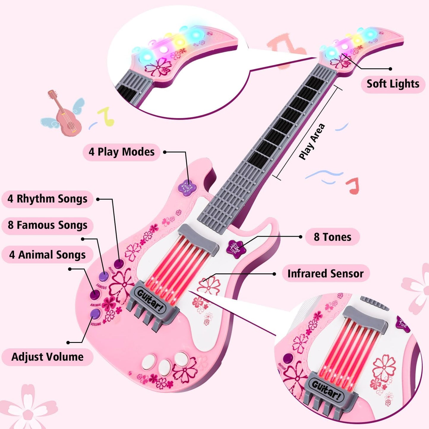 M SANMERSEN Kids Guitar for Girl Music Toy Electric Pink Guitars with Strap for Kid Toddler Musical Instrument Toys for 3 4 5 Year Old Girls Gifts