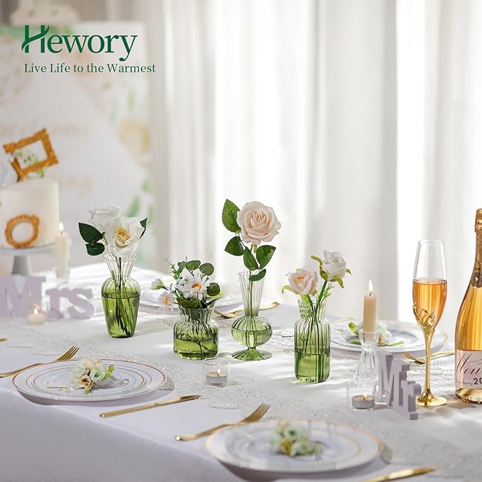 Hewory Small Ribbed Glass Bud Vases Set of 8 Green Flower Vase Centerpieces - Modern Minimalist Cute Mini Decorative Bulk Vases for Wedding Bridal Shower Birthday Party Events Dining Room Table Decor