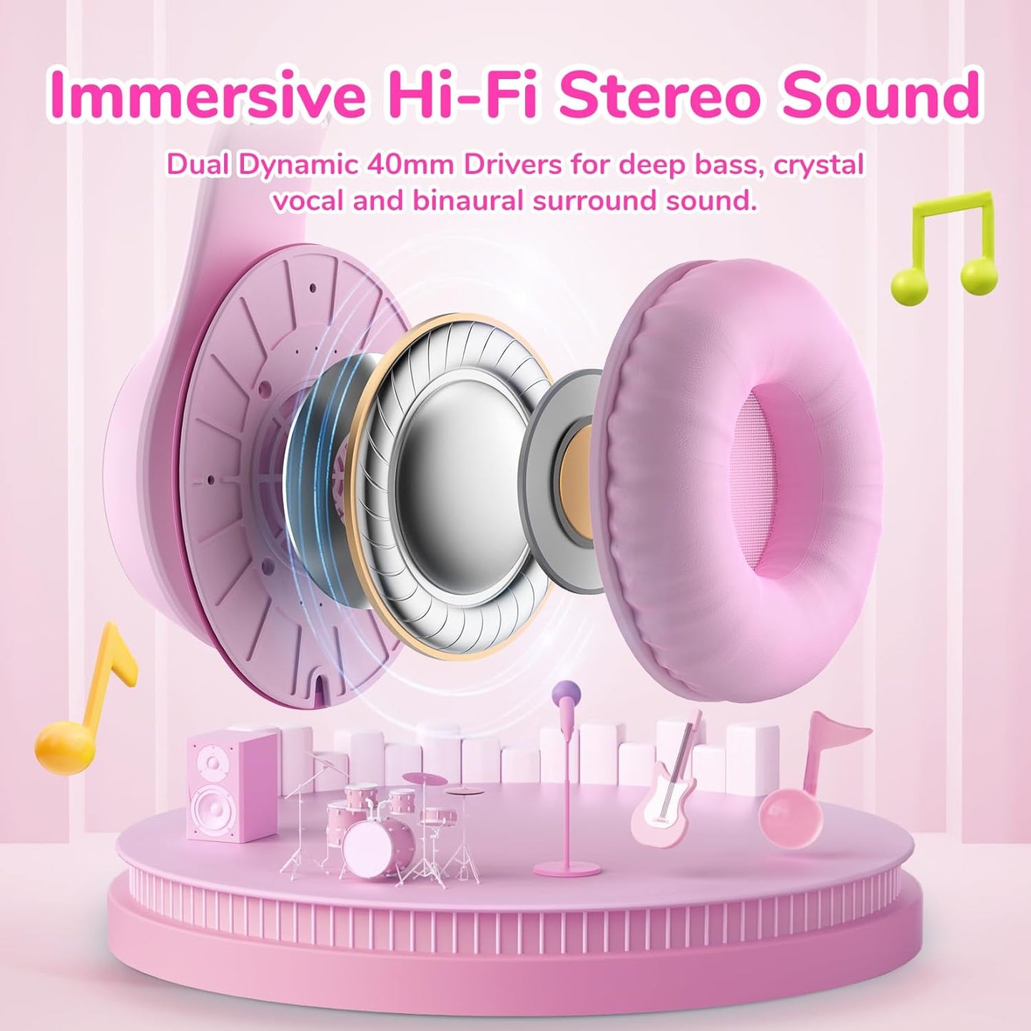 EarFun K3 Kids Headphones, Over Ear Headphones with Microphones, 85/94dB Safe Volume Limit, HD Stereo Sound, 3.5mm Jack, Foldable Wired Headphones for School/Travel/Boys/Girls/Tablet/iPad, Pink