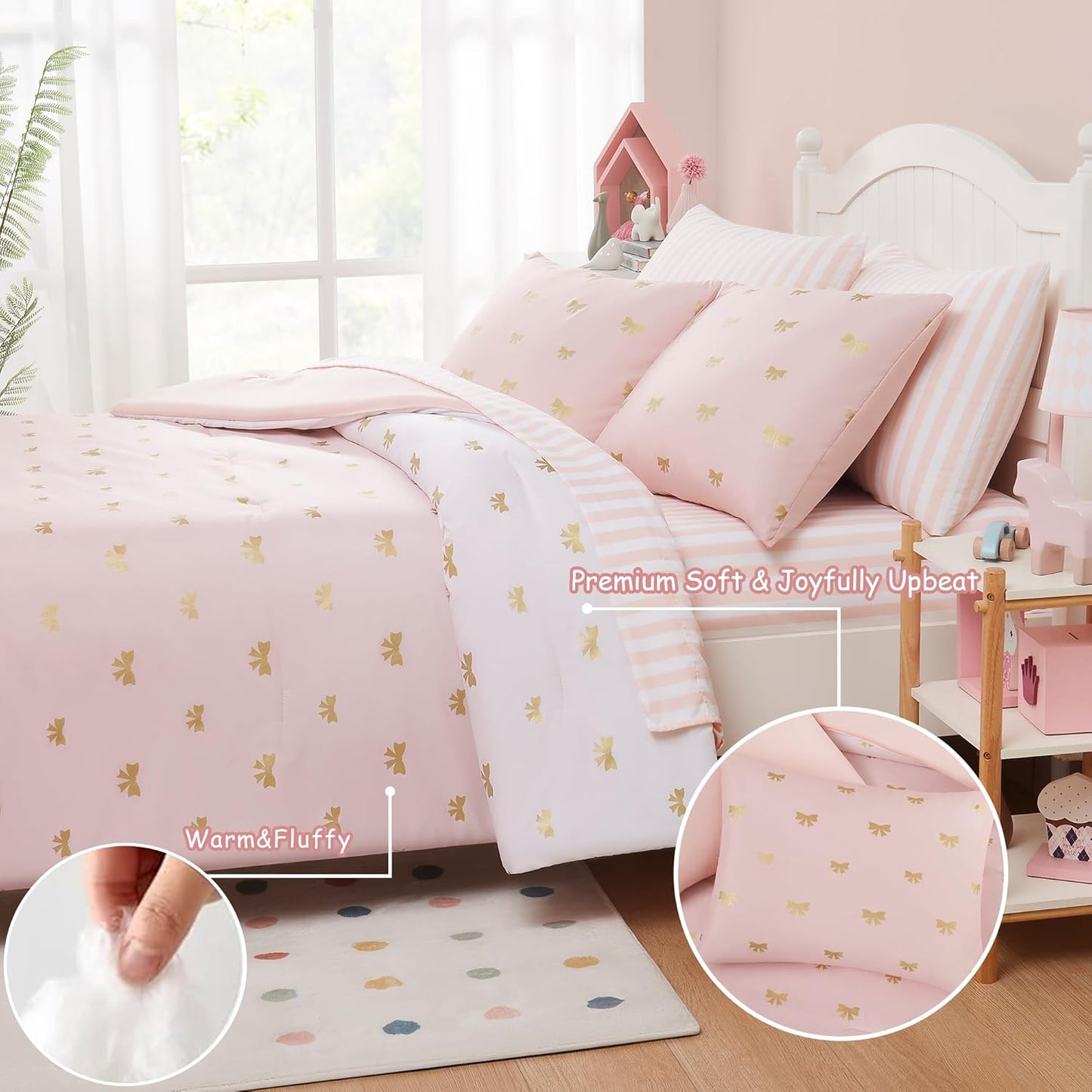 Full Size Comforter Sets with Sheets for Girls-7 Pieces Full Size Bedding Sets with Pink Comforter, Sheets, Pillowcases & Shams for Kids (Pink Gold Bow, 76" X 86")