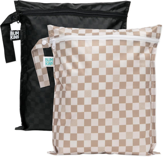 Bumkins - Waterproof Wet Bag - For Baby, Travel, Swim Suit, Cloth Diapers, Pump Parts, Pool, Gym, Toiletry, Strap to Stroller - Reusable & Easy to Clean - 2pk - Beige & Black Check