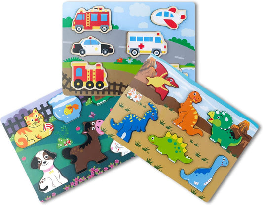 Wooden Chunky Puzzles Set - Dinosaurs, Vehicles and Pets Animals Wooden Puzzles Preschool Early Learning Toy Gift for Kids Toddlers 1-3