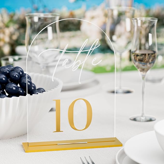 Arch Wedding Table Numbers 1-20 w/Stand, Gold 3D Table Numbers for Reception - 5.5" X 7" Elegant Acrylic Arch Sign with Holder, Perfect for Wedding, Anniversary, Banquet, and Event Decor