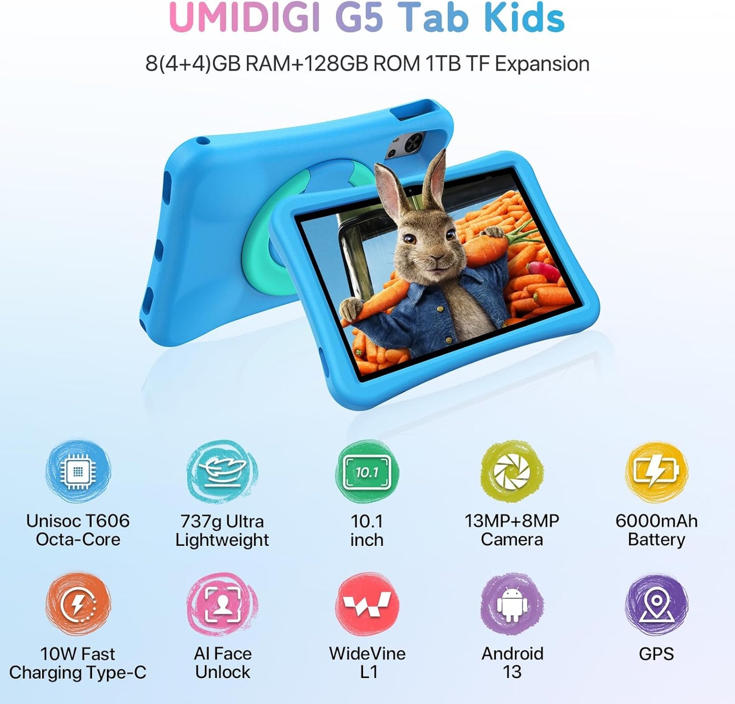 UMIDIGI G5 Tab Kids Tablet, Android 13, 128GB, 10.1in HD+, 4+4GB, Sea Blue, Tablet for Child with Bluetooth, WIFI5, Parental Control, Dual Camera