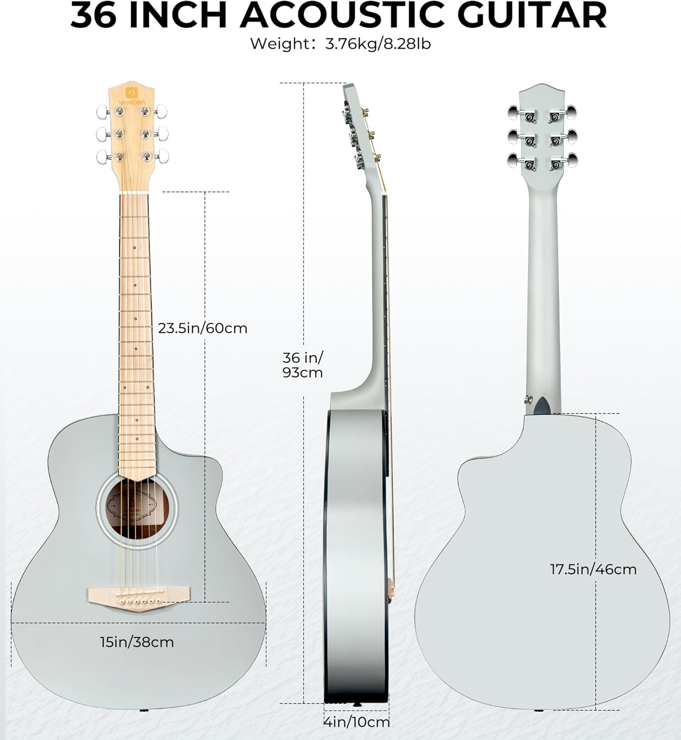 Vangoa Acoustic Guitar 3/4 Size Adult Kit, 36 In Semi Jumbo Cutaway Junior Guitars Set, 6 String Guitarra Starter Bundle with Gig Bag for Beginners Students, Light Gray