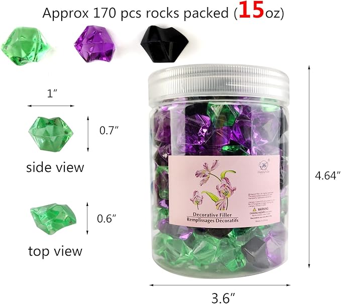 HappyFiller Halloween Decoration Fake Ice Rocks Crystal Cubes Stones for Vase Fillers,Party Decor, Crafts,Pirate Treasure Jewels Plastic Gemstone,Table Scatters,Mix Purple Green Black,15 OZ