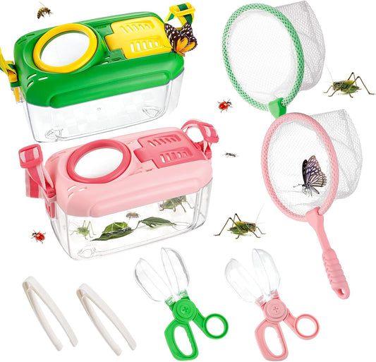 2Sets Bug Catcher for Kids - Sturdy Kids Bug Catching Kit Gifts with Collector Butterfly Net Tweezer, Bugs Habitat Outdoor Explorer Kit for Age 3 4 5 6 7 8, 8Pcs, Green & Pink