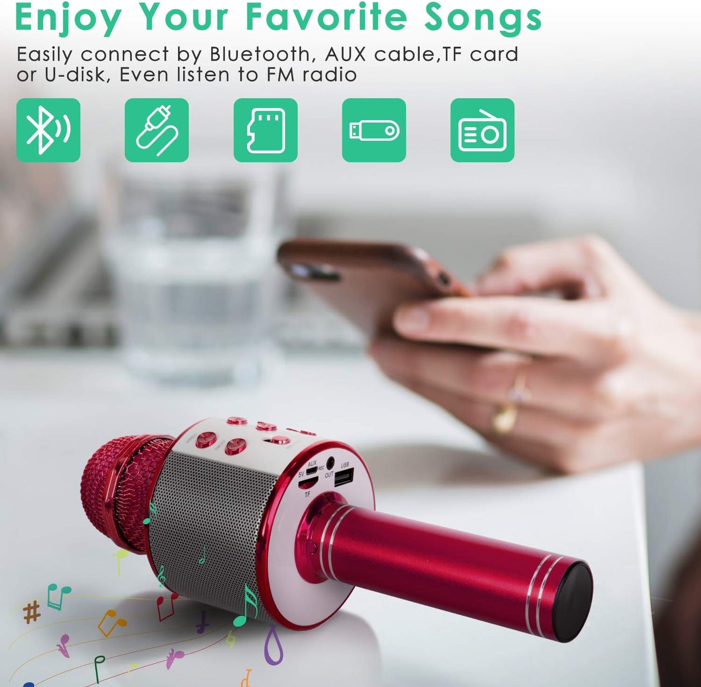 KIDWILL Wireless Bluetooth Karaoke Microphone for Kids, 5-in-1 Portable Handheld Karaoke Mic Speaker Player Recorder with Adjustable Remix FM Radio for Kids Girls Boys Teens Birthday (Red)