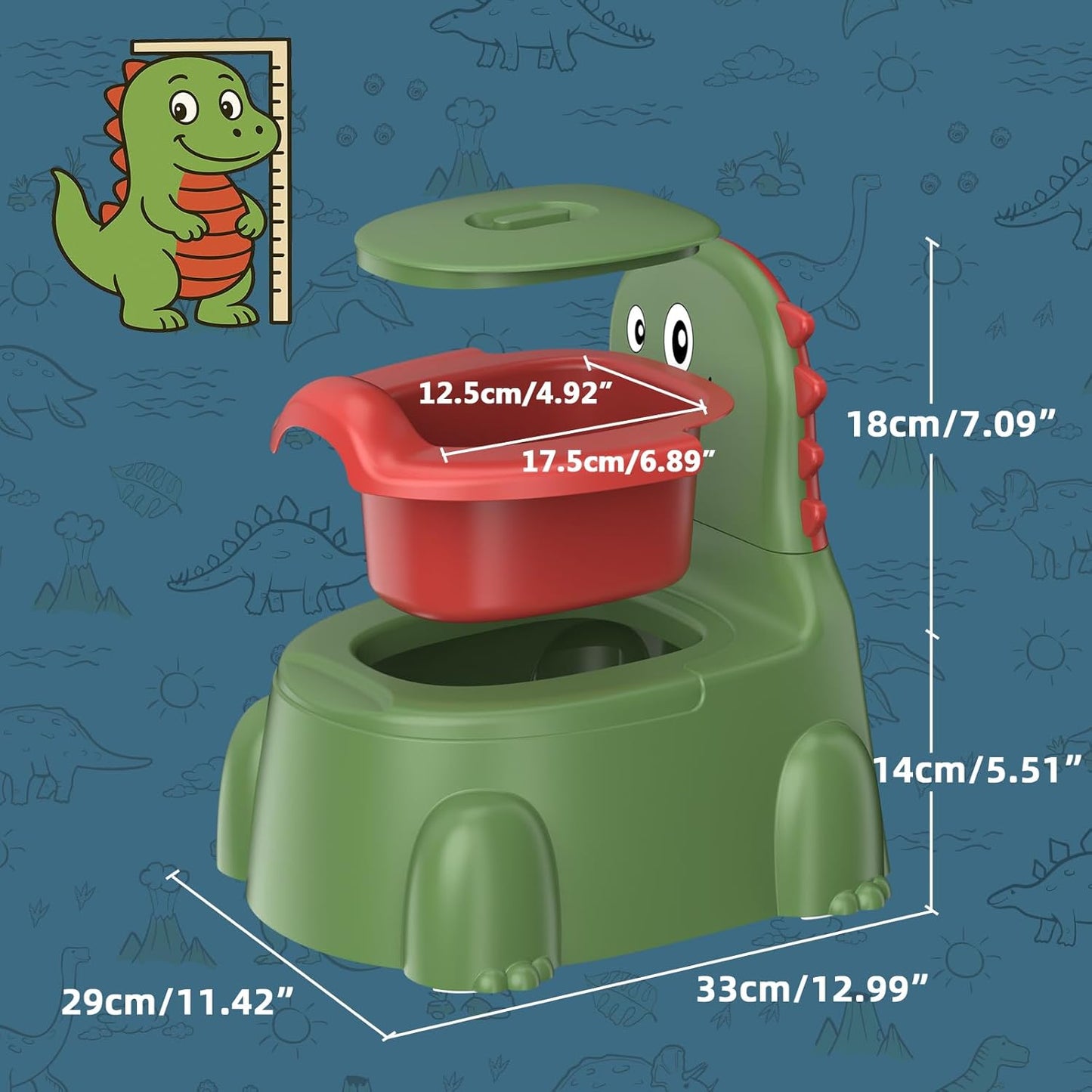 Potty Training Toilet Toddler Potty Chair Kids Boys Girls Dinosaur Animal Comfortable Potties Training Seat for Childrens Ages 1-3 Portable Baby Toilets with Lid Back Easy to Clean Potty Trainer Green