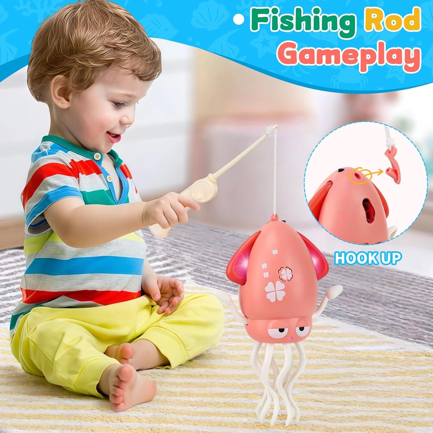 USB Rechargeable Dancing Octopus Baby Toy - Electric Crawling & Tummy Time Toy, Magical Musical Squid, Stress-Relief Desk Decor - Birthday for Kids Ages 1 2 3 4 5 6 Girls (Pink)