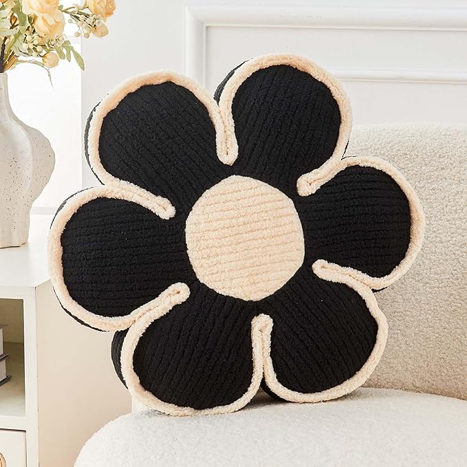 Flower Pillow, Soft Flower Decorative Throw Pillow, Cute Daisy Flower Shaped Seating Floor Cushion Room Décor Plush Pillows for Sofa Couch Bed (13.7 Inch, Black)