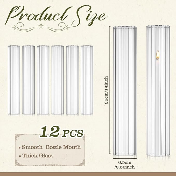 12 Pcs Hurricane Glass Candle Holders 2.5 x 14 Open Ended Tube Ribbed Shade Bottomless Chimney Cylinder Taper Candle Cover for Wedding Anniversary Table Centerpiece