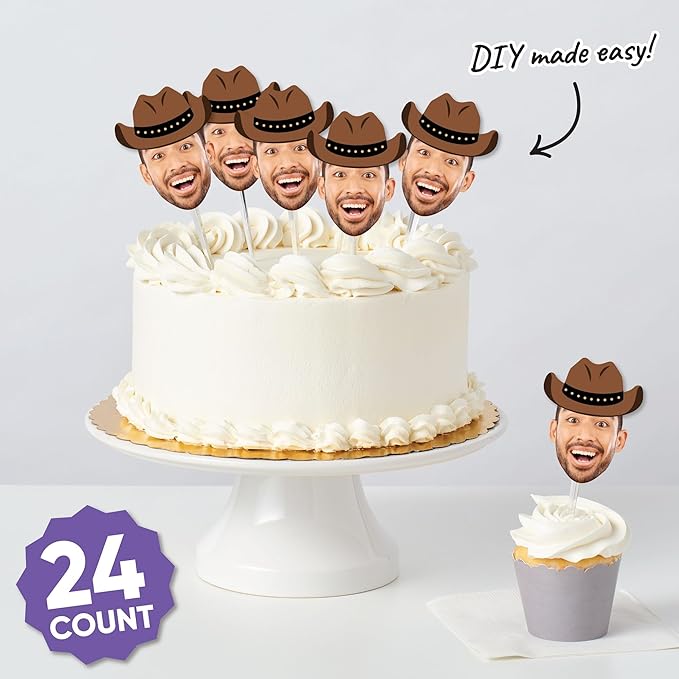 Big Dot of Happiness Custom Photo Western Hoedown - Wild West Cowboy Hat Personalized Rodeo Party DIY Shaped Fun Face Cut-Outs - 24 Count
