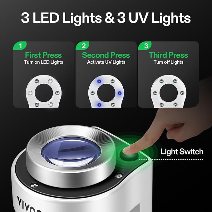 VIVOSUN 30X Rechargeable Loupe, Portable Mini Magnifier, Desktop Magnifying Glass with 3 LED & 3 UV Lights, for Jewelry, Gems, Watches, Coins, Stamps, White